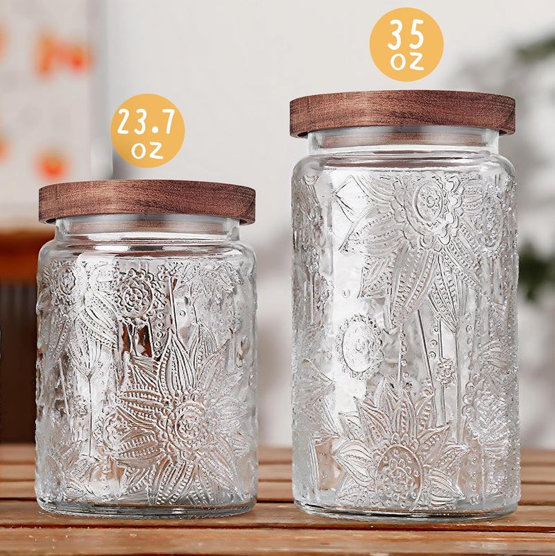 Custde Glass Storage Jars With Airtight Lid, 35oz Container For Kitchen Counter with Wooden Lid, brown sugar, candy, coffee, cookie, salt, tea, cute Jar (35oz Large Sunflower) - Image 4